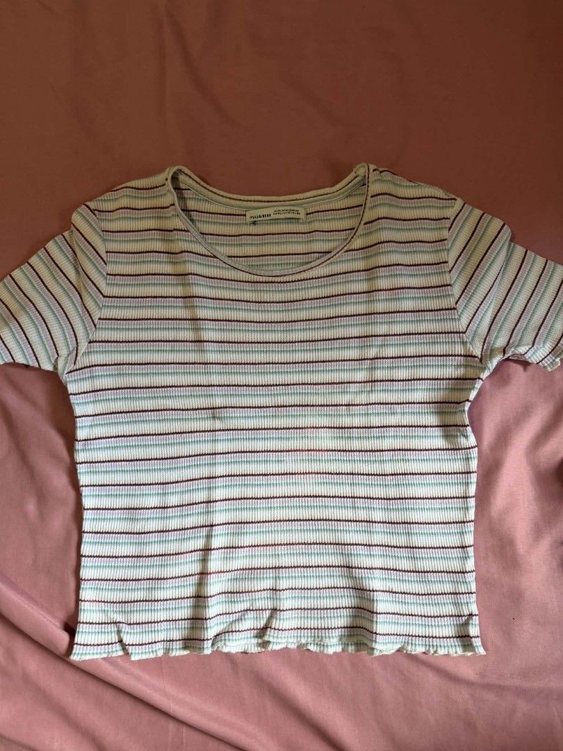 [FOR SALE‼️] Crop Tops (Category: Shirts) located in Bulacan. Submitted by charm3d_ (Listing ID 1468056313, Image 2). Description: [For Sale!] [size S-M] •Pull & Bear Stripe Crop Top - 60 •(No Brand) Colorful Crop Top - 60 - minimal stain on sleeve •Lovito Top - 110 - never worn - brand new - message me for inquiries and additional photos RFS: College student in need of funds Shipped through JNT/Lalamove (sf is shouldered by buyer) Payment: Gcash