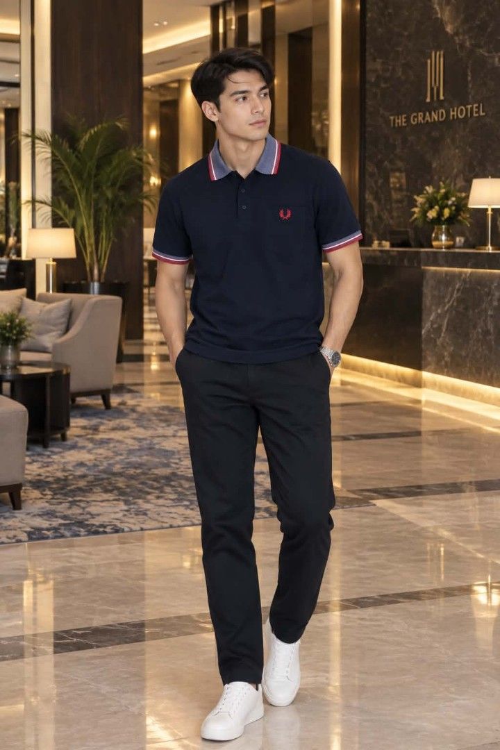 Fred Perry Polo Shirt Navy Grey Red (Category: Tshirts & Polo Shirts ) located in Manila. Submitted by purefire-477a (Listing ID 1467851839, Image 2). Description: Features a contrast grey collar, red-striped tipping, chest pocket with red embroidered laurel wreath logo, and a two-button placket. Measures 21.5" width and 27" length. Clean fabric with high color vibrancy. PM to order.
