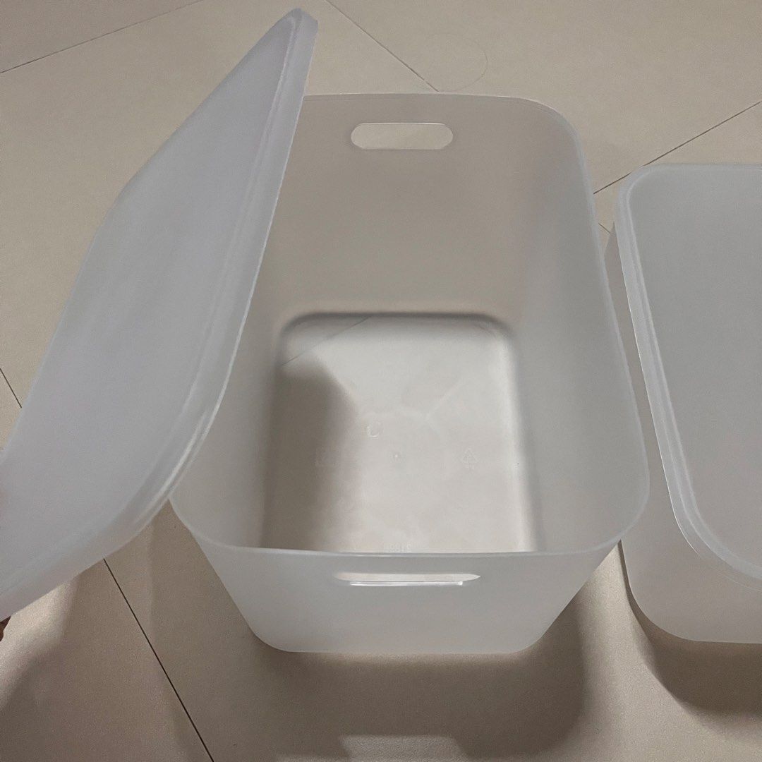 Frosted Plastic Storage Boxes with Lids (Category: Storage Boxes & Baskets) located in Santa Rosa. Submitted by livesforamen (Listing ID 1467938059, Image 3). Description: Hello, selling my frosted organizers! 🌸 frosted organizer (big) : 300 in good condition used for a week rfs: too big for my locker dimensions: 36x26x24 cm 🌸 frosted organizer (medium) : 250 in good condition used for a week rfs: too big for my locker dimensions: 36x26x16 cm L