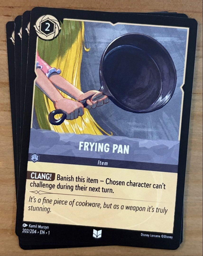 Frying Pan (Rapunzel - Tangled) | Disney Lorcana Cards ~ The First Chapter (Category: Raw Singles) located in Makati City. Submitted by cardlab (Listing ID 1468058175, Image 1). Description: Items are 💯 authentic/original/legit. About The Card: •Language: EN • Number: 202/204 • Uncommon • Normal FOR: • Cards ₱99 and below with Card Sleeves • Cards ₱100 and up with Card Sleeves and Used Toploader • ₱10 for Bnew Tops Packaging (If Shipping): ✔️ Pl