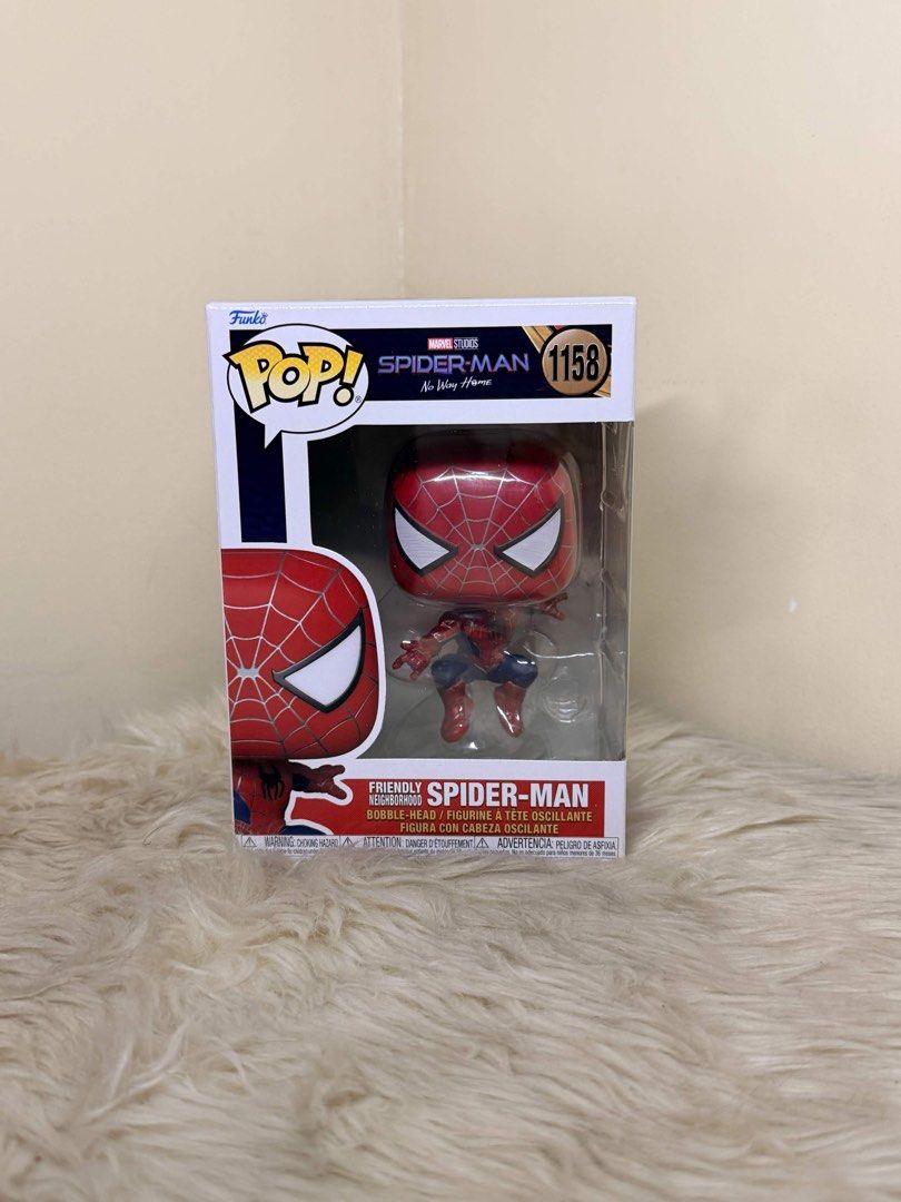 Funko Pop Marvel Spider-Man No Way Home 1158 (Category: Designer & Blind Box Toys) located in Manila. Submitted by shoptoji (Listing ID 1467978371, Image 1). Description: -BIB, nadetach yung stand from the figure pero can be glued kayo nalang mag glue -9.5/10 box condition - with free boss protector - Item: Friendly Neighborhood Spider-Man Bobble-Head (#1158) - Universe: Spider-Man: No Way Home (Marvel Series) - Condition: Brand new in original w