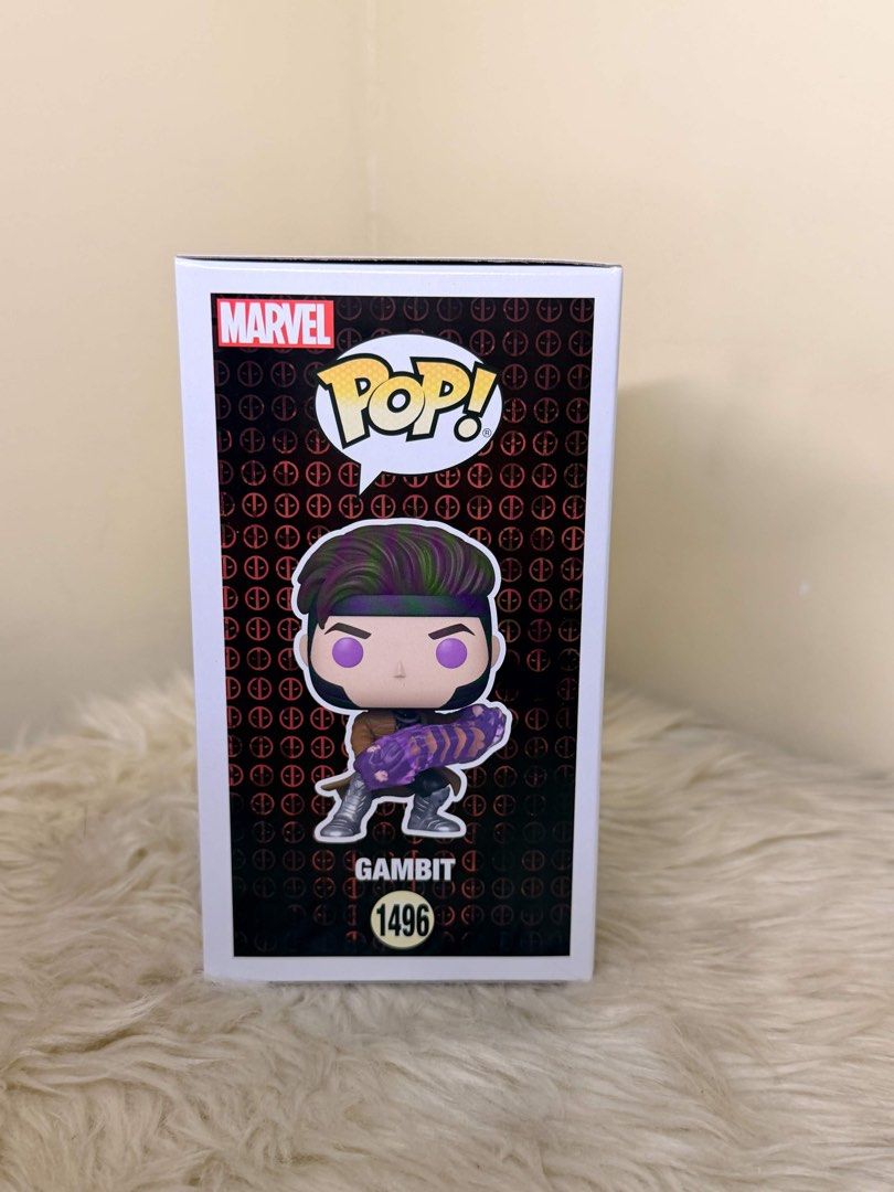 Funko Pop Marvel Studios Deadpool & Wolverine Avengers Doomsday Gambit 1496 (Category: Figurines & Statues) located in Manila. Submitted by shoptoji (Listing ID 1467978875, Image 2). Description: -BIB nilabas lang once -with free box protector Funko Pop vinyl figure of Gambit from Deadpool and Wolverine. Number 1496 in the Marvel series. Box shows the character holding glowing pink kinetic cards. Window box packaging in clean shape, corners look 