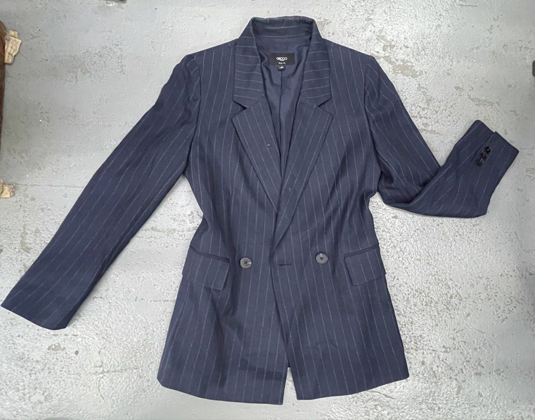 G2000 Navy Blue Pinstripe Double-Breasted Blazer Jacket (Category: Coats, Jackets and Outerwear) located in Bulacan. Submitted by grazcloset (Listing ID 1467890006, Image 1). Description: - Brand: G2000 - Color & Pattern: Navy blue with subtle grey pinstripes - Style: Double-breasted front with dark matching buttons - Features: Lapel collar, front flap pockets, and structured shoulders - Sleeves: Full-length with three buttons on each cuff - Inte