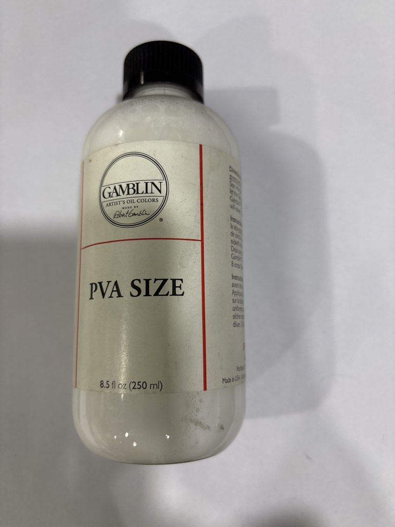 Gamblin PVA Size 8.5 fl oz 250 ml (Category: Beverages) located in Mandaluyong City. Submitted by clothescarousel (Listing ID 1468029691, Image 1). Description: - Brand: Gamblin - Product: PVA Size - Size: 8.5 fl oz / 250 ml - Purpose: Seals porous surfaces of linen and canvas fabric supports - Benefits: Superior stability compared to rabbit skin glue; resistant to humidity changes (won't swell or shrink) - Origin: Made in USA.
