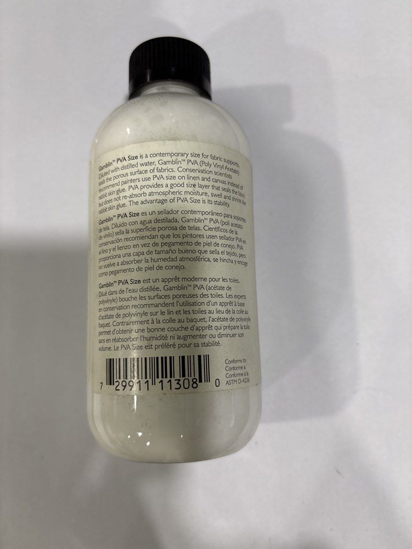 Gamblin PVA Size 8.5 fl oz 250 ml (Category: Beverages) located in Mandaluyong City. Submitted by clothescarousel (Listing ID 1468029691, Image 2). Description: - Brand: Gamblin - Product: PVA Size - Size: 8.5 fl oz / 250 ml - Purpose: Seals porous surfaces of linen and canvas fabric supports - Benefits: Superior stability compared to rabbit skin glue; resistant to humidity changes (won't swell or shrink) - Origin: Made in USA.