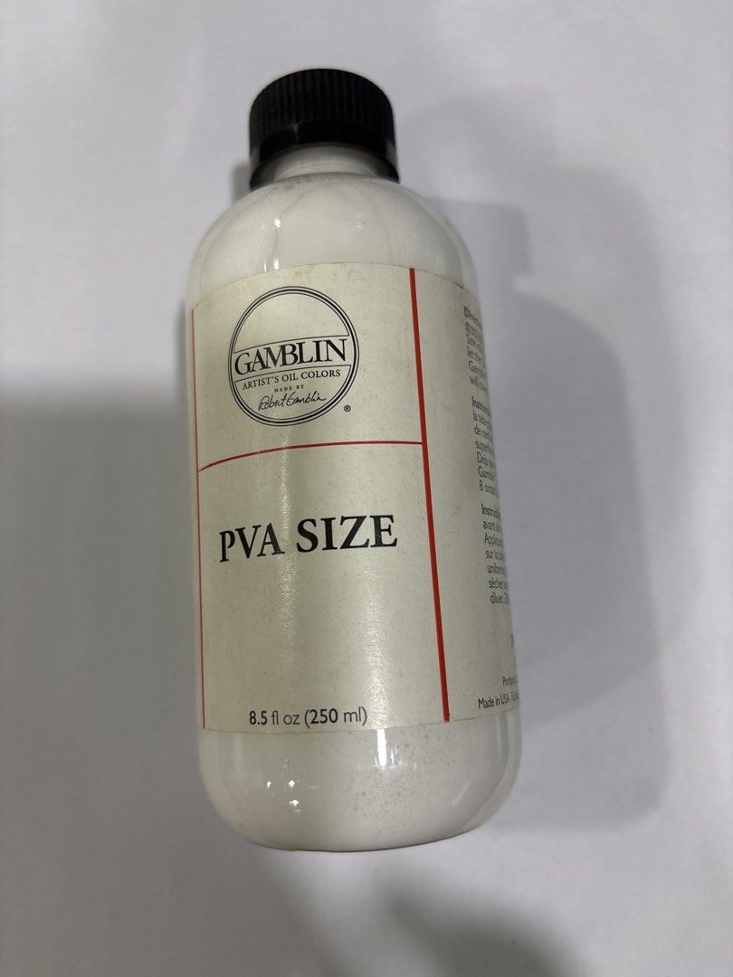 Gamblin PVA Size 8.5 fl oz 250ml (Category: Beverages) located in Mandaluyong City. Submitted by clothescarousel (Listing ID 1468037210, Image 1). Description: - Product: Gamblin PVA Size - Volume: 8.5 fl oz / 250ml bottle - Purpose: Contemporary size for sealing porous fabric surfaces like linen and canvas - Key Benefit: Superior stability compared to traditional rabbit skin glue as it resists atmospheric moisture - Origin: Made in USA.