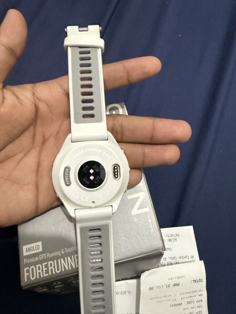 Garmin Forerunner 965 (Category: Wearables & Smart Watches) located in Manila. Submitted by la_palafox (Listing ID 1467990205, Image 3). Description: For Sale Garmin Forerunner 965. Rarely used. Color white. Originally bought for 31k. Includes box and original receipt. Lost the original charging cable but will include a replacement cable. Screen protector installed. Can be removed kasi may bubbles na rin. For meetup-up/pick-up: Around pasig or an