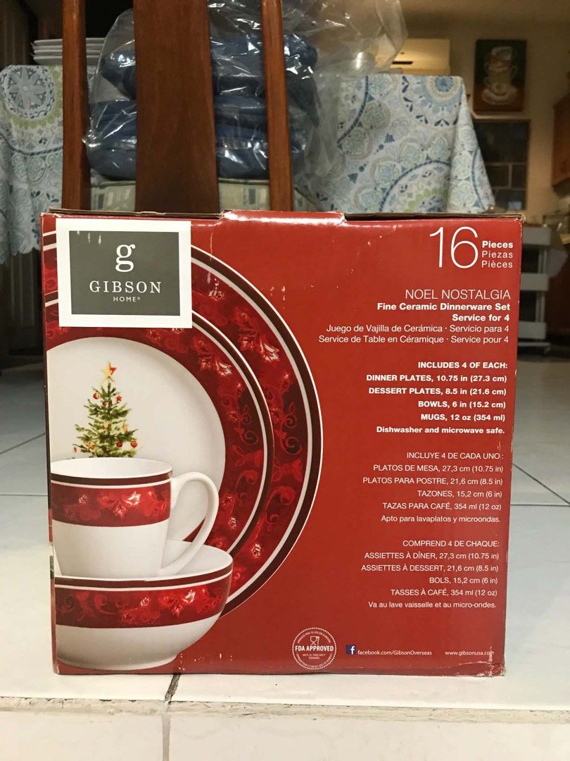 Gibson Home Noel Nostalgia 16-pc Fine Ceramic Dinnerware Set (Category: Dinnerware & Cutlery) located in Makati City. Submitted by mtpmac26 (Listing ID 1467863483, Image 2). Description: 1 set includes 4 dinner plates, 4 dessert plates, 4 soup/cereal bowls, 4 coffee mugs Price per set 2 sets available.