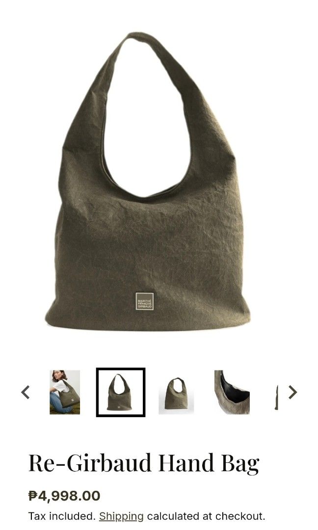 Girbaud Hobo Bag (Category: Tote Bags) located in Manila. Submitted by ajmteopeng43665 (Listing ID 1467871487, Image 2). Description: Marithe Francois Girbaud Paris Re-Girbaud Tote bag Color: Fatigue/Army Green Item is new Fabric paper leather Price: 3,500 SRP is 4990 Slightly negotiable DM Me Meetups Vito Cruz area, or LRT Stations If shipping, expense is shouldered by buyer via lalamove or JnT Dm me for actual pics of the item as it is still se