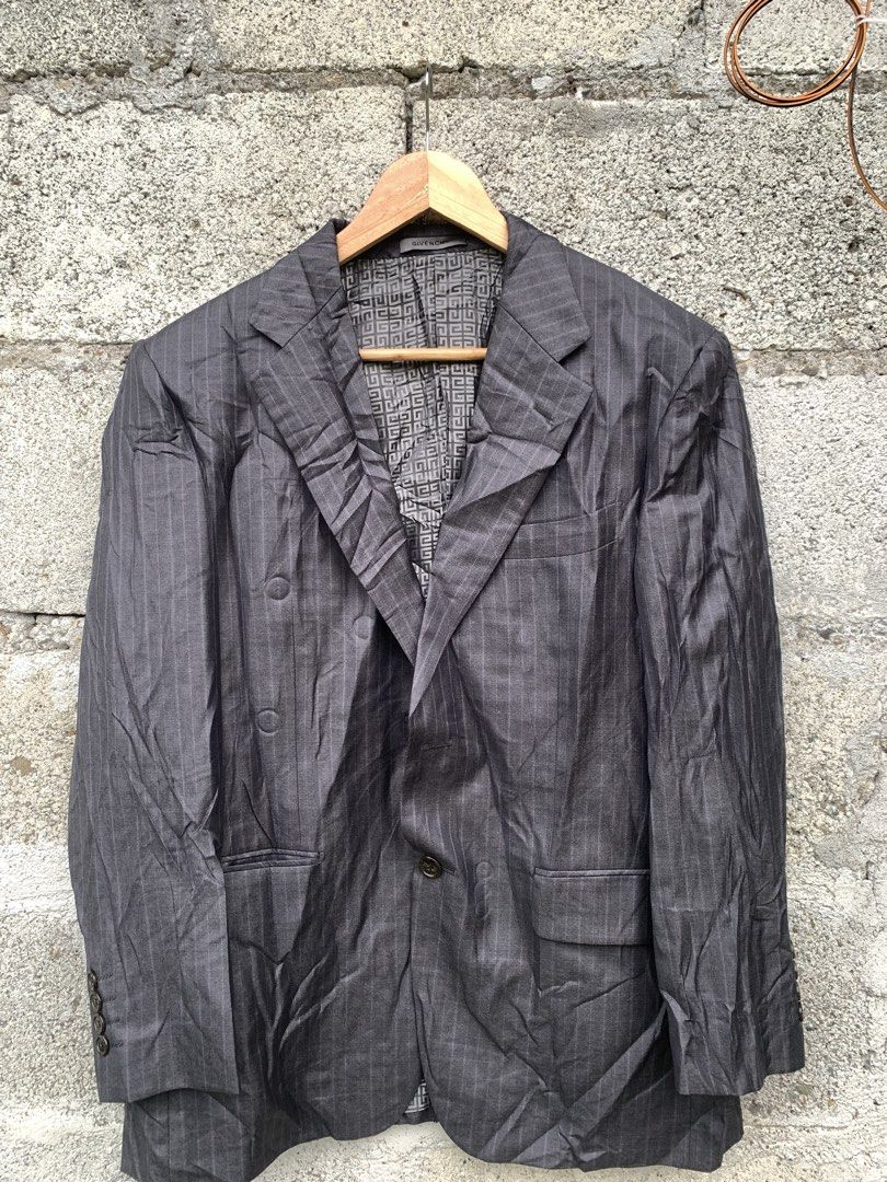Givenchy Men Pinstripe Blazer Grey Size 39S (Category: Coats, Jackets and Outerwear) located in Manila. Submitted by jeffreyluz31198 (Listing ID 1467926594, Image 1). Description: - Brand: Givenchy - Color: Dark grey with subtle pinstripes - Size: 39S - Features: Double-breasted front, notched lapels, flap pockets, and a striking signature logo-patterned lining - Origin: Made in Korea - Condition: Good, but currently wrinkled from storage and nee