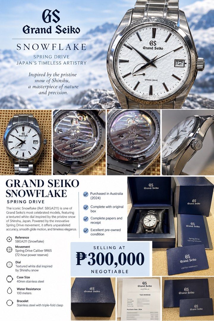 Grand Seiko Snowflake (Category: Luxury Watches) located in Cainta. Submitted by sanlorenzo4789 (Listing ID 1467863604, Image 1). Description: FOR SALE | GRAND SEIKO SNOWFLAKE ❄️ A Timeless Masterpiece of Japanese Watchmaking An opportunity to own the iconic Grand Seiko Snowflake Spring Drive, admired for its exceptional craftsmanship, understated luxury, and precision. Featuring its signature snow-textured white dial, inspired by the pristine la