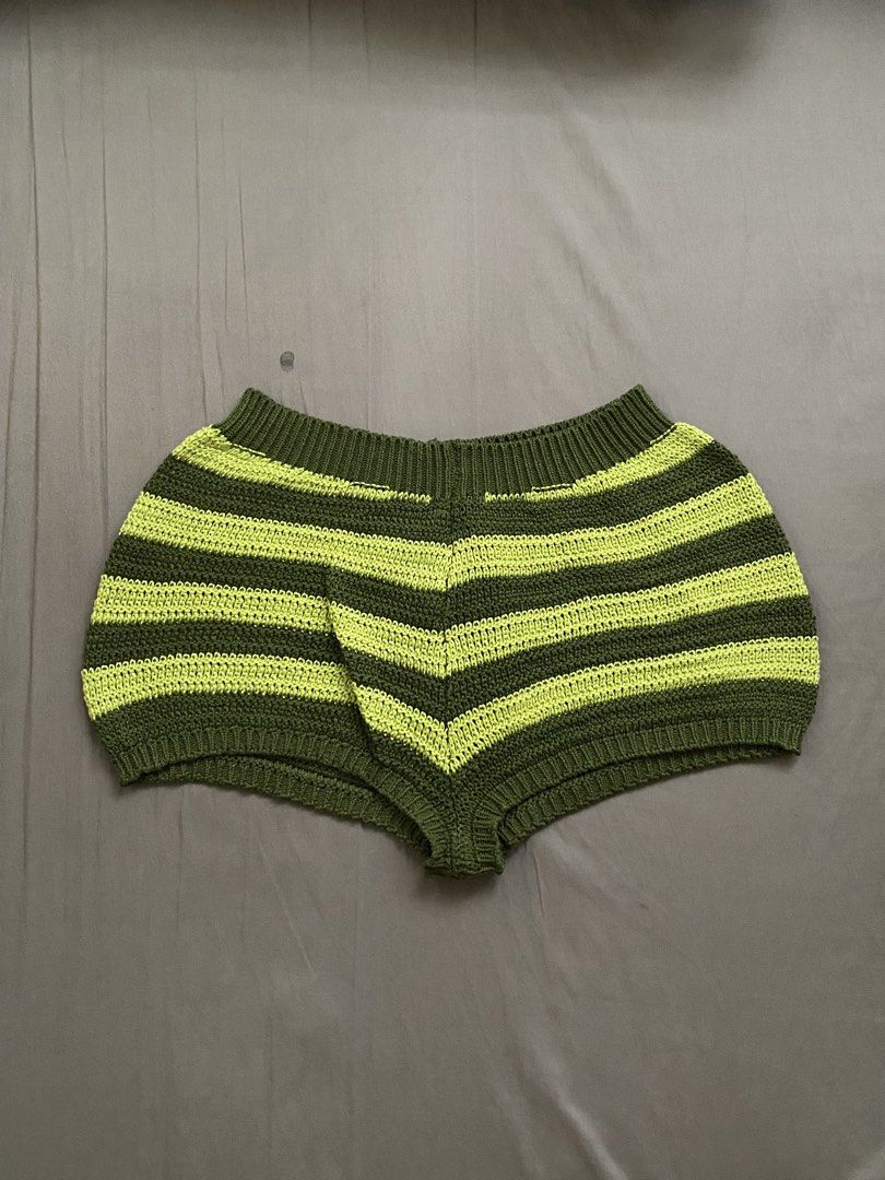 Green and Lime Striped Crochet Shorts (Category: Shorts) located in Manila. Submitted by dodoheeee (Listing ID 1467954185, Image 1). Description: - Handcrafted-look crochet shorts - Olive green and bright lime stripes - Stretchy elastic ribbed waistband - Cozy chunky knit texture - Unlined, breathable knit fabric - Perfect for lounging, streetwear, or beach days.
