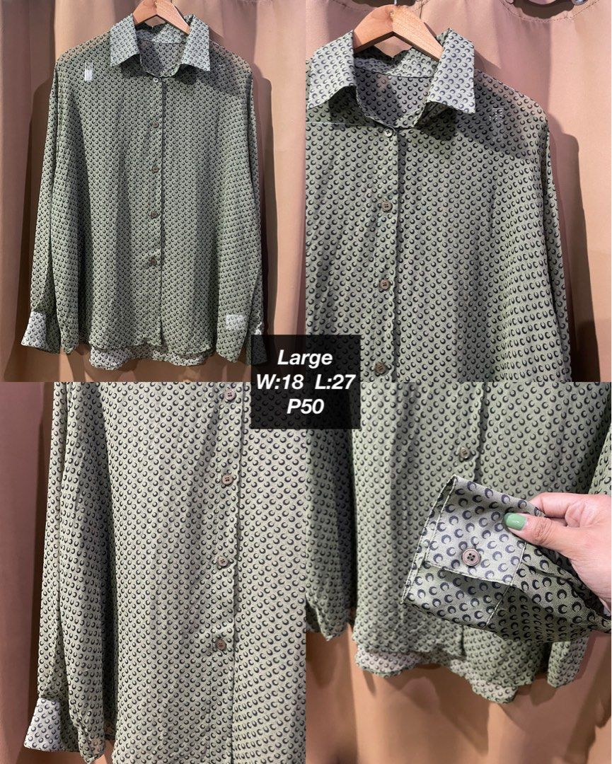 Green Crescent Moon Print Button-Up Blouse Size Large (Category: Blouses) located in Quezon City. Submitted by smileclothingline (Listing ID 1467857517, Image 1). Description: 🚚Courier: J&T/Lalamove/Gogoexpress 📍Shipping fee depends on your location 💸Mode of Payment: BPI/Gcash/Paymaya ‼️Payment first, only then will ship the item.