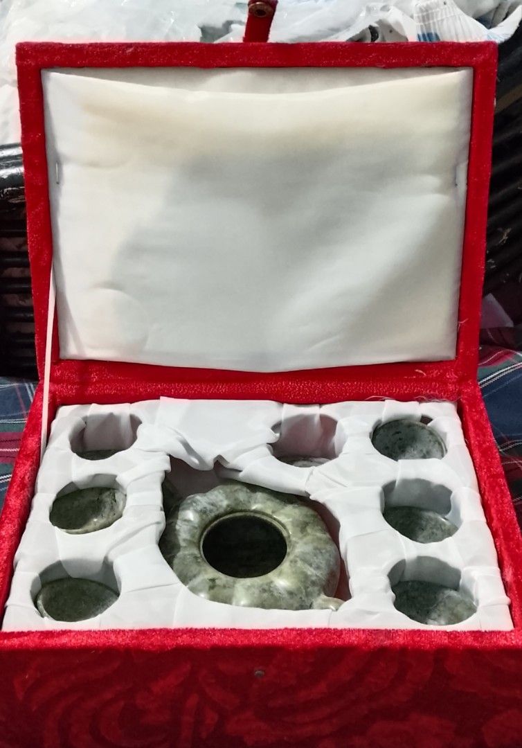 Green Jade Tea Set (Category: Vintage Collectibles) located in Manila. Submitted by amomof3at41 (Listing ID 1467867616, Image 2). Description: 7 piece carved green serpentine green Jade tea Set often marked as a natural jade or spinach jade kung Fu tea set house in a lined presentation box..