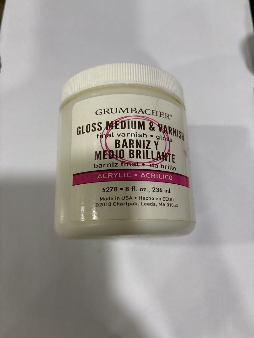 Grumbacher Gloss Medium and Varnish 8 fl. oz. (Category: Makeup) located in Mandaluyong City. Submitted by clothescarousel (Listing ID 1467967401, Image 1). Description: - Brand: Grumbacher - Size: 8 fluid ounces / 236 ml - Formula: Acrylic (Made in USA) - 3-in-1 Use: Final varnish, glazing medium, and collage adhesive - Cleanup: Easy wash-up with soap and water - Condition: Brand new, keep tightly closed after use.
