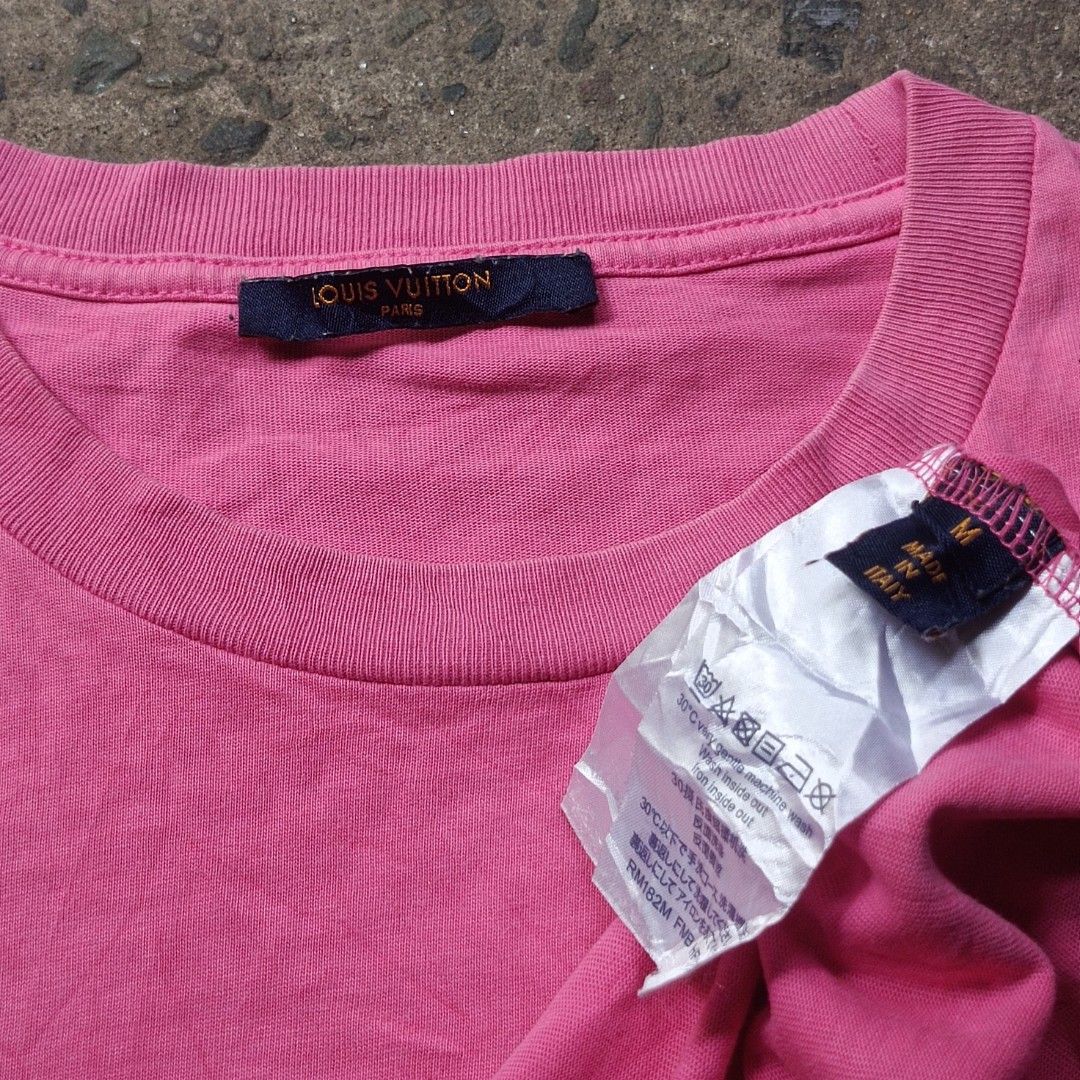 Gucci Bear Pink Tee & Louis Vuitton Pink Tee Bundle (Category: Shirts) located in Caloocan City. Submitted by gemfinder669 (Listing ID 1467904330, Image 2). Description: - Bundle of 2 pink designer tees - Item 1: Gucci t-shirt with cute bear graphic, Size S, 100% cotton, Made in Italy - Item 2: Louis Vuitton pink tee with white embroidered LV floral motif, Size M - Both items feature original tags with branding and care instructions - Vibrant pin