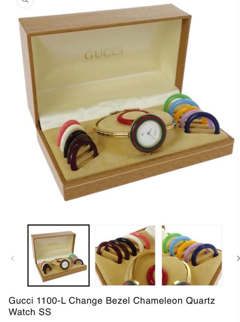 Gucci Interchangeable Bezel Bangle Watch with Original Box (Category: Women's Watches) located in Pasig City. Submitted by melaiski28 (Listing ID 1467852849, Image 3). Description: - Authentic vintage Gucci bangle watch - Classic gold-tone finish with a clean white dial - Includes 8 interchangeable colorful bezels (red, green, black, white, orange, pink, blue, purple) - Comes with original fitted, velvet-lined presentation box - Excellent collect