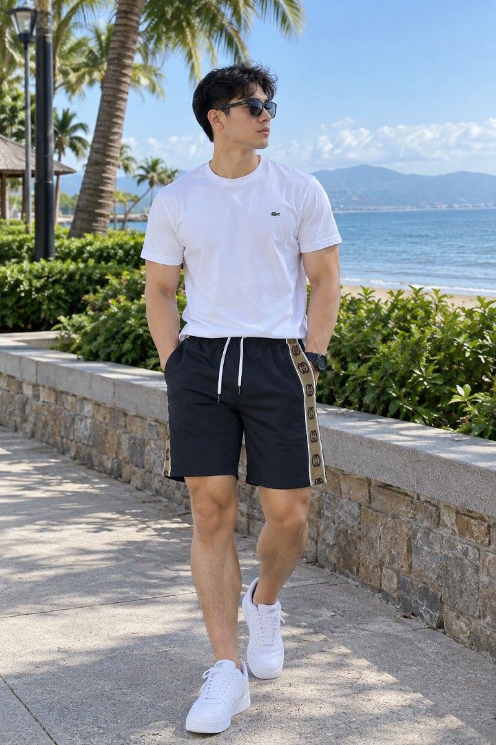 Gucci Side Stripe Drawstring Shorts (Category: Shorts) located in Manila. Submitted by purefire-477a (Listing ID 1467849003, Image 2). Description: - Color: Black with stylish beige patterned side stripes and reflective piping - Waist: Adjustable white drawstring with branded metal aglets (fits sizes 30 to 34 inches) - Pockets: Convenient dual side pockets - Length: 18.5 inches - Condition: Clean fabric, solid construction, zero flaws.