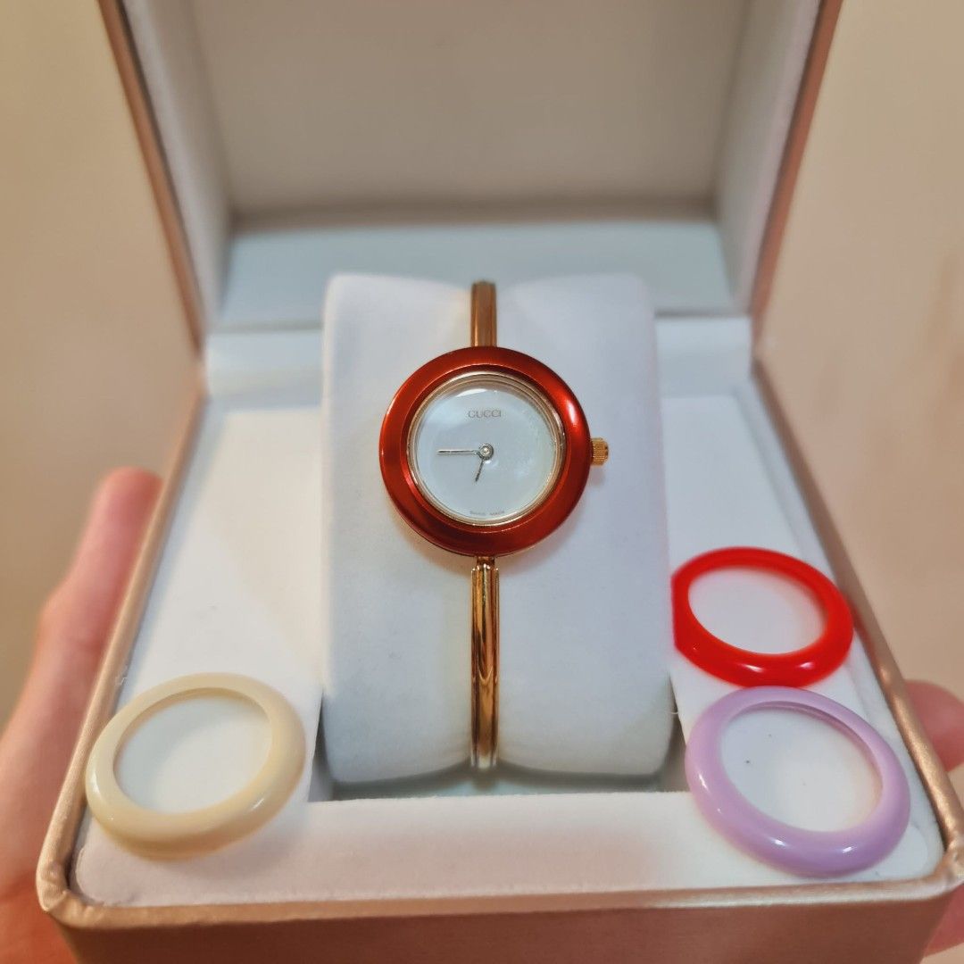 Gucci Watch with 4pcs bezel only (Category: Women's Watches) located in Navotas City. Submitted by ryjayshoppe (Listing ID 1467905292, Image 1). Description: Onhand and Ready to Ship Original Preloved GG Watch Excellent Condition!❤️ S-M size 16.5cm-17.5cm With 4pcs bezel including 1pc Orange BEZEL and 3pcs Plastic Bezel!Replacement Box only! 11,500 Last Price!Low ballers will not entertained!Free Shipping Nationwide! 📌DISCLAIMER📌 We are not aff