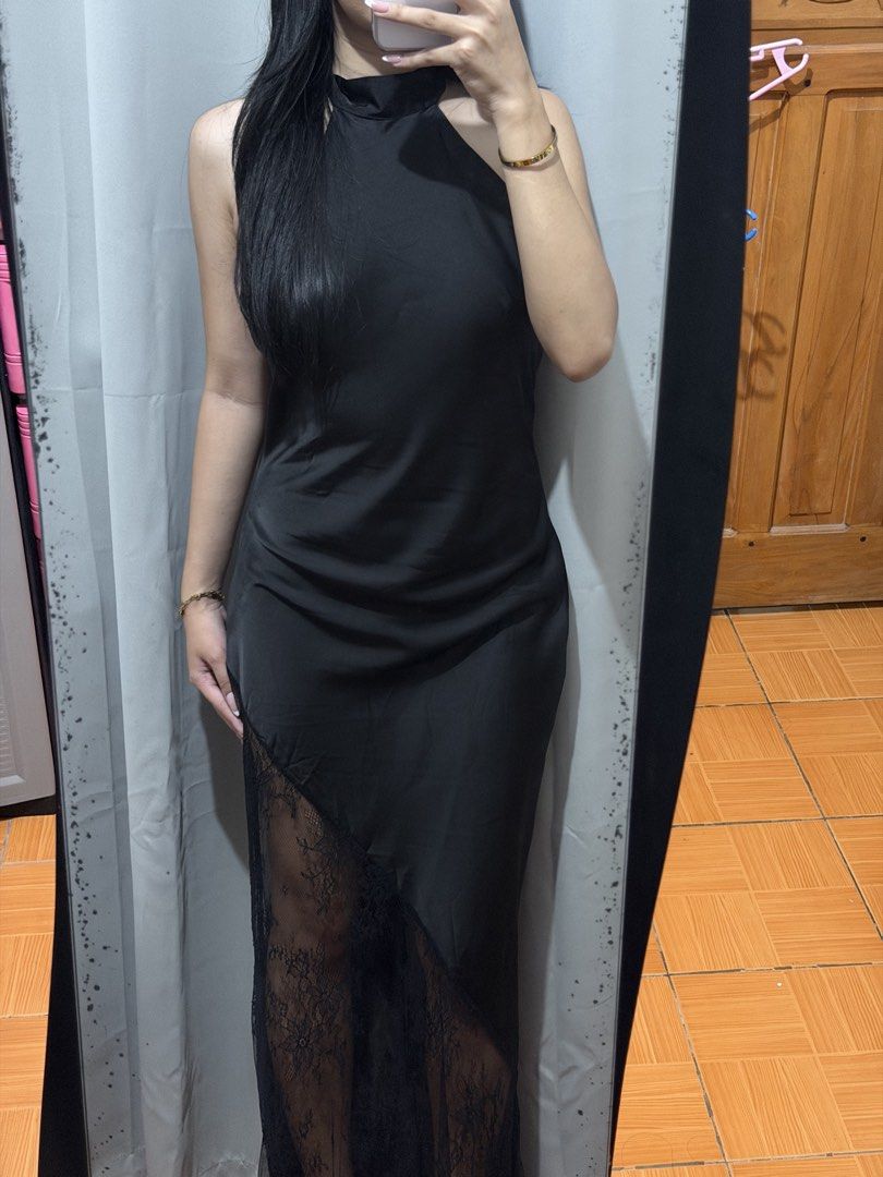 Halter Neck Backless Satin Lace Dress (Category: Dresses) located in Lucena. Submitted by lexshiine (Listing ID 1467979810, Image 2). Description: bnew size: m on tag MOP: Maribank/GoTyme MOD: J&T.