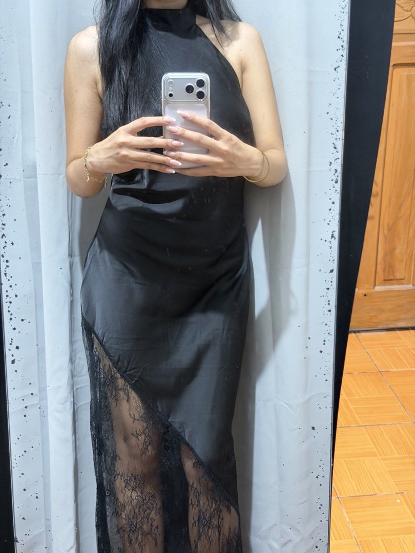 Halter Neck Backless Satin Lace Dress (Category: Dresses) located in Lucena. Submitted by lexshiine (Listing ID 1467979810, Image 1). Description: bnew size: m on tag MOP: Maribank/GoTyme MOD: J&T.