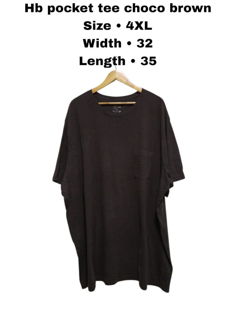 Hb pocket tee choco brown Size 4XL (Category: Tshirts & Polo Shirts ) located in Magdalena. Submitted by magdalenathrift20 (Listing ID 1467984340, Image 1). Description: - Brand/Style: Hb pocket tee - Color: Choco Brown - Size: 4XLT (Width: 32", Length: 35") - Material: 100% Cotton (Made in India) - Design: Classic crew neck with short sleeves - Feature: Single chest pocket on the left side.