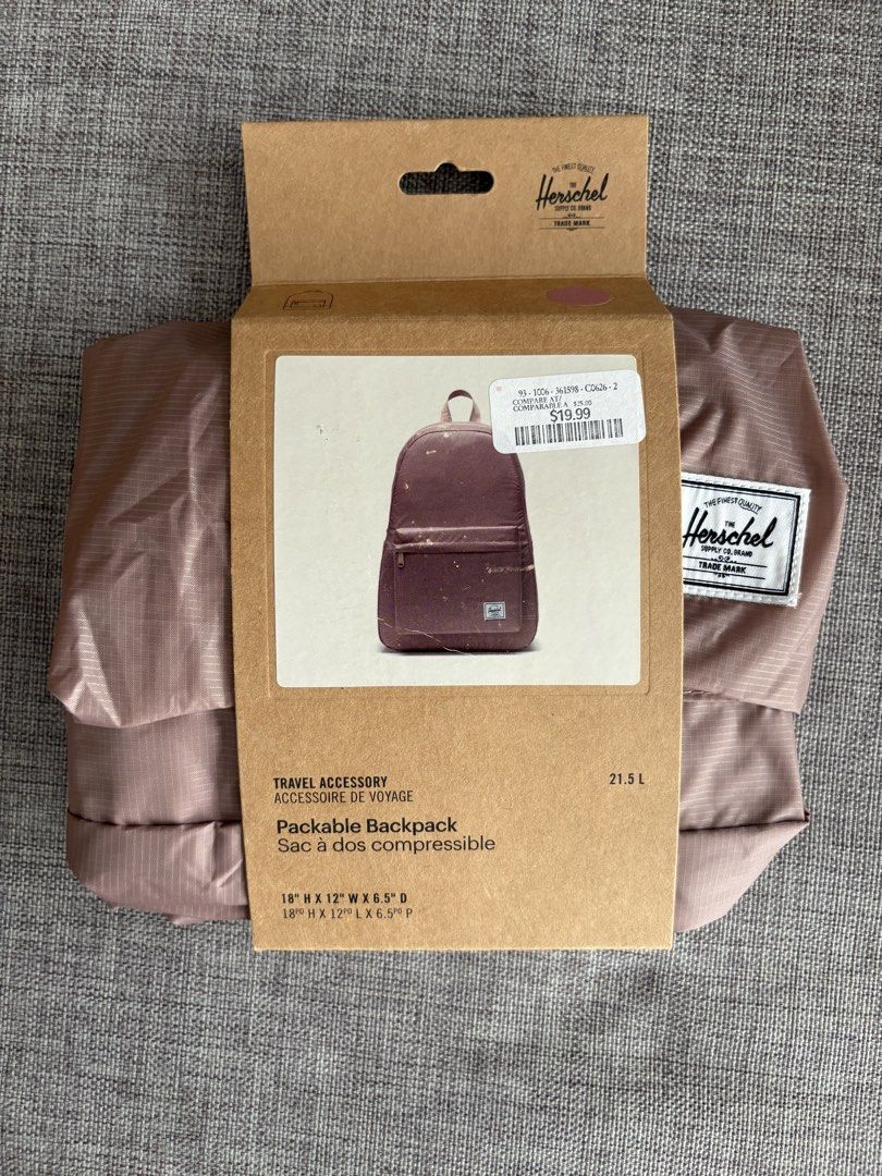 Herschel Packable Backpack Dusty Rose (Category: Backpacks) located in Manila. Submitted by aireenremoto (Listing ID 1467920734, Image 1). Description: Brand new with original packaging sleeve and store sticker.