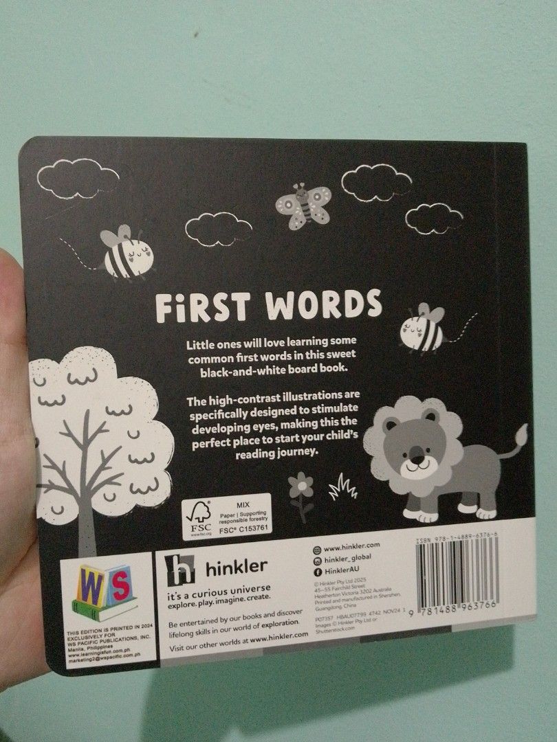 Hinkler First Words A High-Contrast Board Book (Category: Children's Books) located in Ligao. Submitted by zeeyans_nook (Listing ID 1467923506, Image 2). Description: - Brand: Hinkler - Type: Black-and-white board book - Features high-contrast illustrations for baby visual development - Sturdy pages designed for little hands - Teaches common first words (ball, car, shoes, socks) - Great addition to any baby's early library.