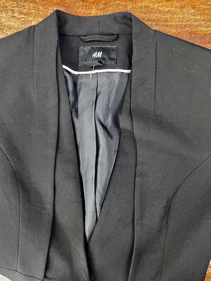 H&M Black Blazer with Rhinestone Shoulder Trim (Category: Coats, Jackets and Outerwear) located in Bulacan. Submitted by grazcloset (Listing ID 1467889682, Image 2). Description: - Brand: H&M - Color: Classic Black - Style: Open front with structured peplum waist - Details: Eye-catching rhinestone embellishments on shoulders and one sleeve cuff - Interior: Fully lined - Condition: Clean, worn only a couple of times - Versatility: Great layering p