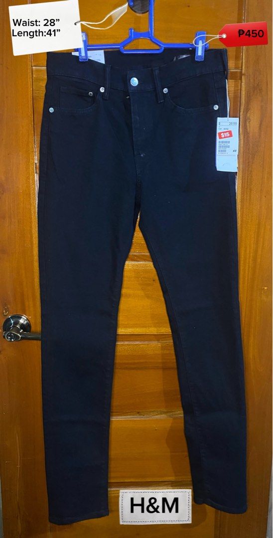 H&M Black Skinny Jeans (Category: Jeans) located in Baguio. Submitted by heath2600 (Listing ID 1468029235, Image 1). Description: - Brand: H&M - Style: Basic skinny jeans / dark wash - Condition: Brand new with tag attached - Waist: 28 inches - Length: 41 inches - Features: Classic five-pocket setup with button closure.