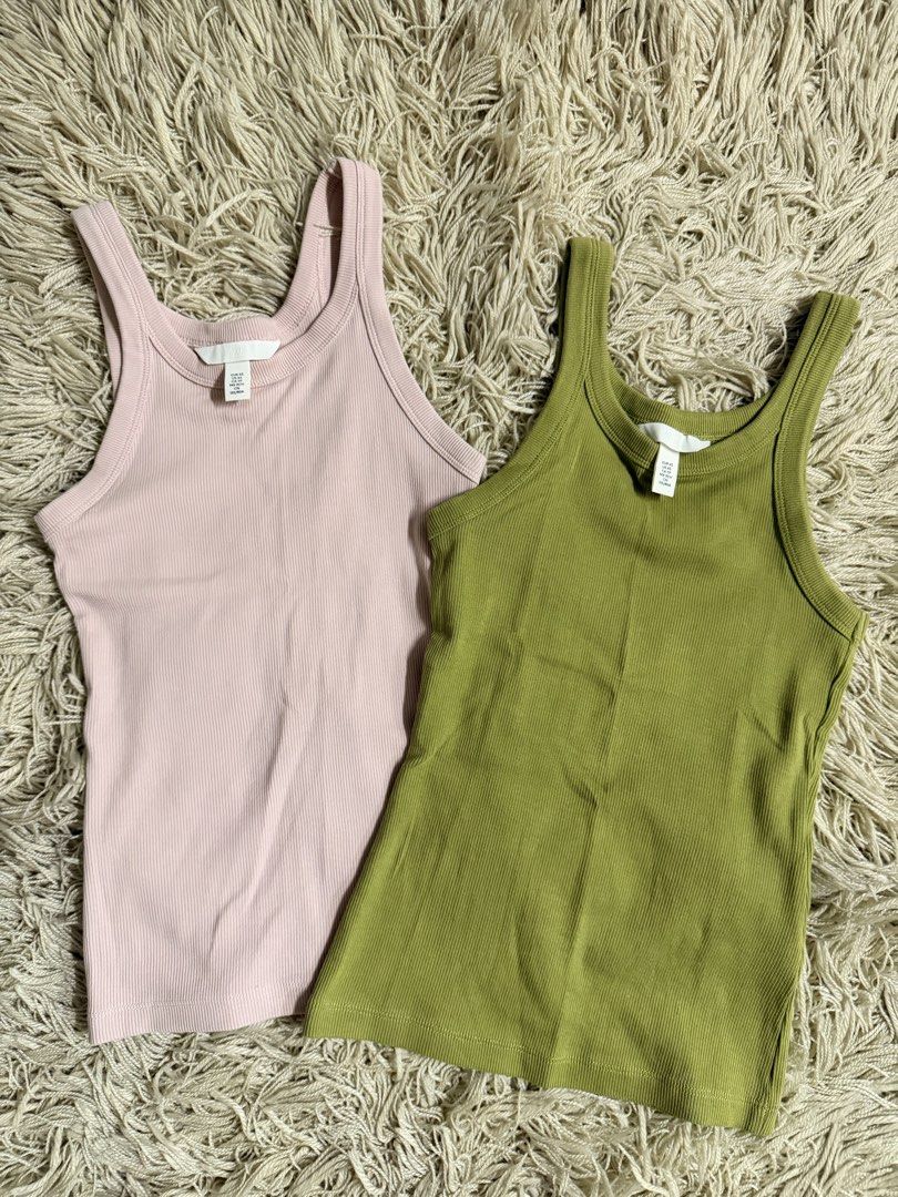 H&M Ribbed Tank Tops Bundle (Category: Sleeveless) located in Manila. Submitted by theaxxxx (Listing ID 1467890553, Image 1). Description: - Set of 2 H&M ribbed tank tops (Pastel Pink and Olive Green) - Size: Extra Small (XS) - Material: Soft and stretchy cotton blend - Design: Classic scoop neck - Condition: Clean tags attached inside collars.