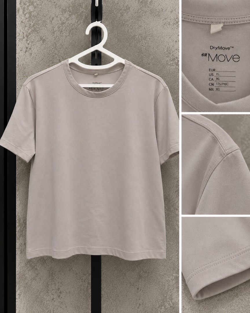 H&M T-Shirt (Category: Shirts) located in Taguig. Submitted by roniquefinds (Listing ID 1467859751, Image 1). Description: - Brand: H&M Move - Color: Taupe Grey - Size: XL (175/116C) - Material: DryMove moisture-wicking fabric to keep you dry - Design: Classic crew neck, short sleeves, clean solid colour - Condition: Excellent, great activewear basic.