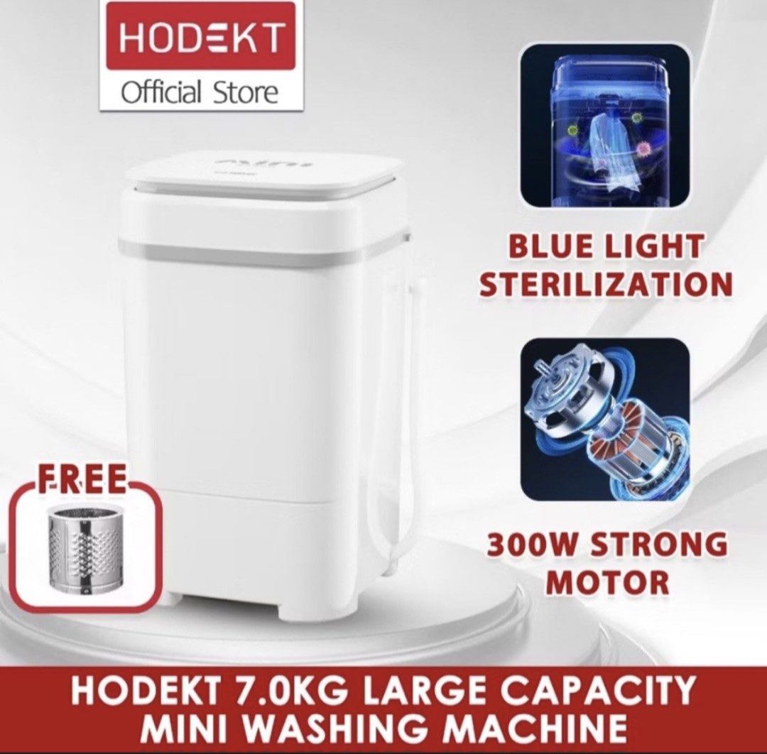 HODEKT 7KG Mini Washing Machine White (Category: Washing Machines and Dryers) located in Batangas. Submitted by chubyyyyy (Listing ID 1468050755, Image 1). Description: - Brand/Model: HODEKT Mini Washing Machine (White) - Capacity: 7KG, perfect for daily laundry - Hygiene: Built-in blue light sterilization for cleaner, germ-free clothes - Space-saving Used once po. No box na po, naitapon na..