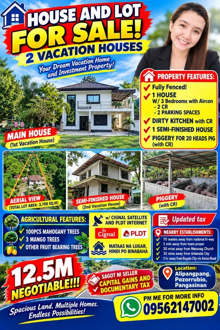 house and lot 3708 sqm (Category: House & Lot) located in Caloocan City. Submitted by arjemolina (Listing ID 1468046285, Image 1). Description: 🏡🔥 PTPA!!! HOUSE & LOT FOR SALE IN ALIPANGPANG, POZORRUBIO, PANGASINAN! 🔥🏡 💥 ₱12.5 MILLION — NEGOTIABLE! 💥 🌳 A GREAT OPPORTUNITY FOR YOUR DREAM HOME, VACATION PROPERTY, OR INVESTMENT! 🌳 Looking for a spacious property with multiple structures, a large lot, and fruit-bearing trees? This could be th