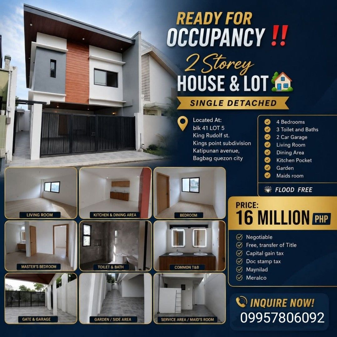 House and Lot with Parking Garage (Category: House & Lot) located in Manila. Submitted by vast_ester (Listing ID 1468037853, Image 1). Description: READY FOR OCCUPANCY 📢📢📢 2 STOREY HOUSE & LOT 🏠 FOR SALE 👈 📍Located At: Kings Point Subdivission Katipunan Avenue, Bagbag Quezon City 🚏 Lot area: 170 sq. m. Floor area: 250 sq. m. (more or less) 🛏️ 4 Bedrooms 🛁 3 Toilet and Baths 🚘 2 Car Garage 🛋️ Living Room 🍽️ Dining Area 🫕 Kitchen Pocke