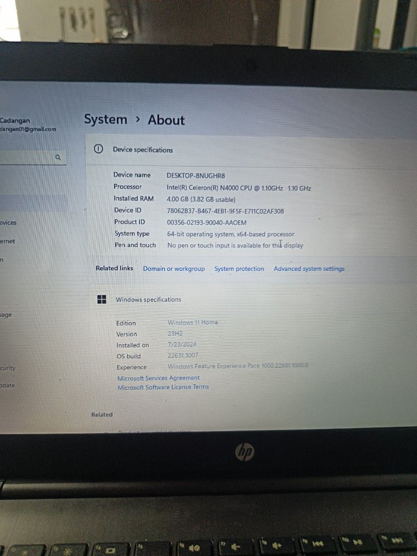 HP Stream Laptop Intel Celeron 4GB RAM Windows 11 (Category: Laptops & Notebooks) located in Valenzuela. Submitted by ichicadangan01 (Listing ID 1467988470, Image 3). Description: HP Stream laptop running Windows 11 Home. Powered by an Intel Celeron N4000 processor at 1.10GHz. Includes 4GB of installed RAM. Black chassis with the HP logo on the lid and palm rest sticker intact. Screen turns on normally. Great portable machine for everyday school 