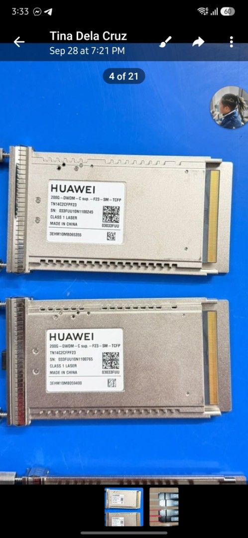 Huawei 200G DWDM Transceiver Module CFP2 (Category: Networking) located in Manila. Submitted by machristi54481 (Listing ID 1467842412, Image 2). Description: - Brand: Huawei - Models: TN13C2CFP23 and TN14C2CFP23 - Speed/Type: 200G DWDM optical transceiver modules - Condition: Pulled from working network environment, clean pins, ready for deployment - Compatibility: Suitable for compatible enterprise switches and routers - Safety: Class 1 laser eq