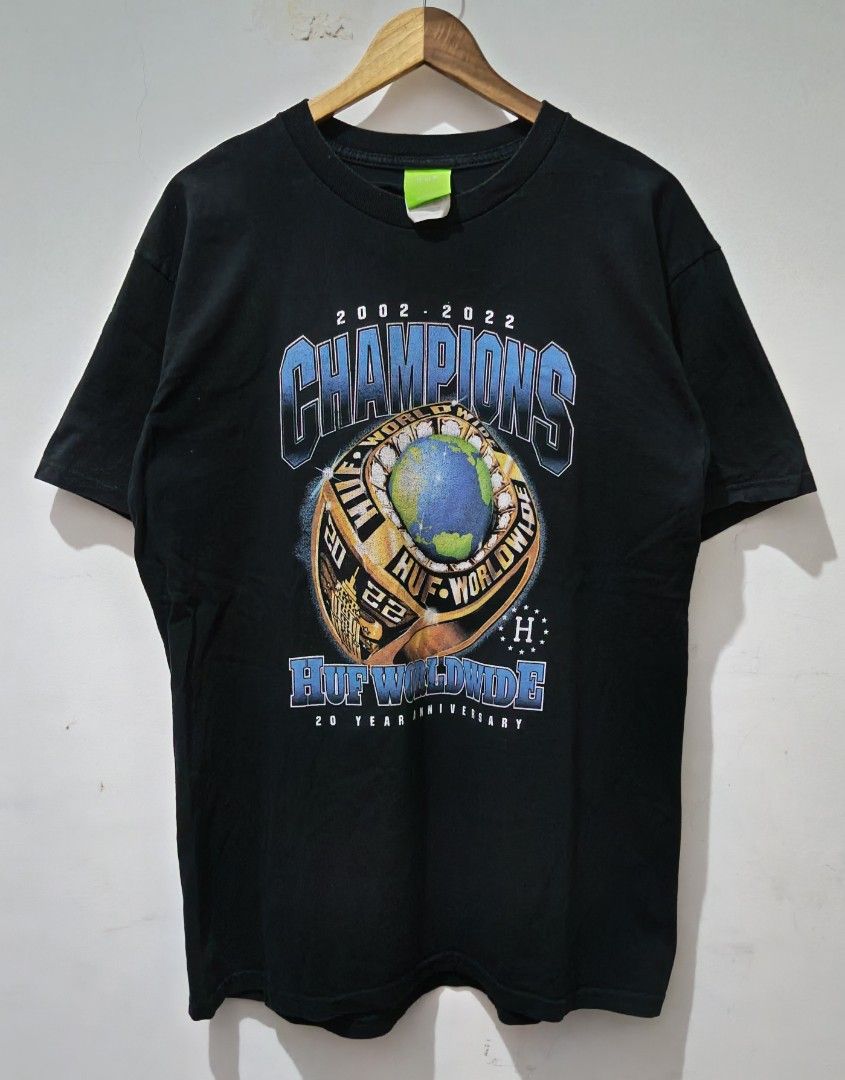 HUF (Champions 20th Anniversary) (Category: Tshirts & Polo Shirts ) located in Taguig. Submitted by thriftedminds (Listing ID 1468056379, Image 1). Description: Item: HUF Champions 20th Anniversary 🔥 ‎Size: HUF Hardtag (L) ‎Width: 21.5 ‎Length: 30 ‎Condition: Excellent ‎Issue: Repaired slice on back, Hairline DM to purchase 📩.