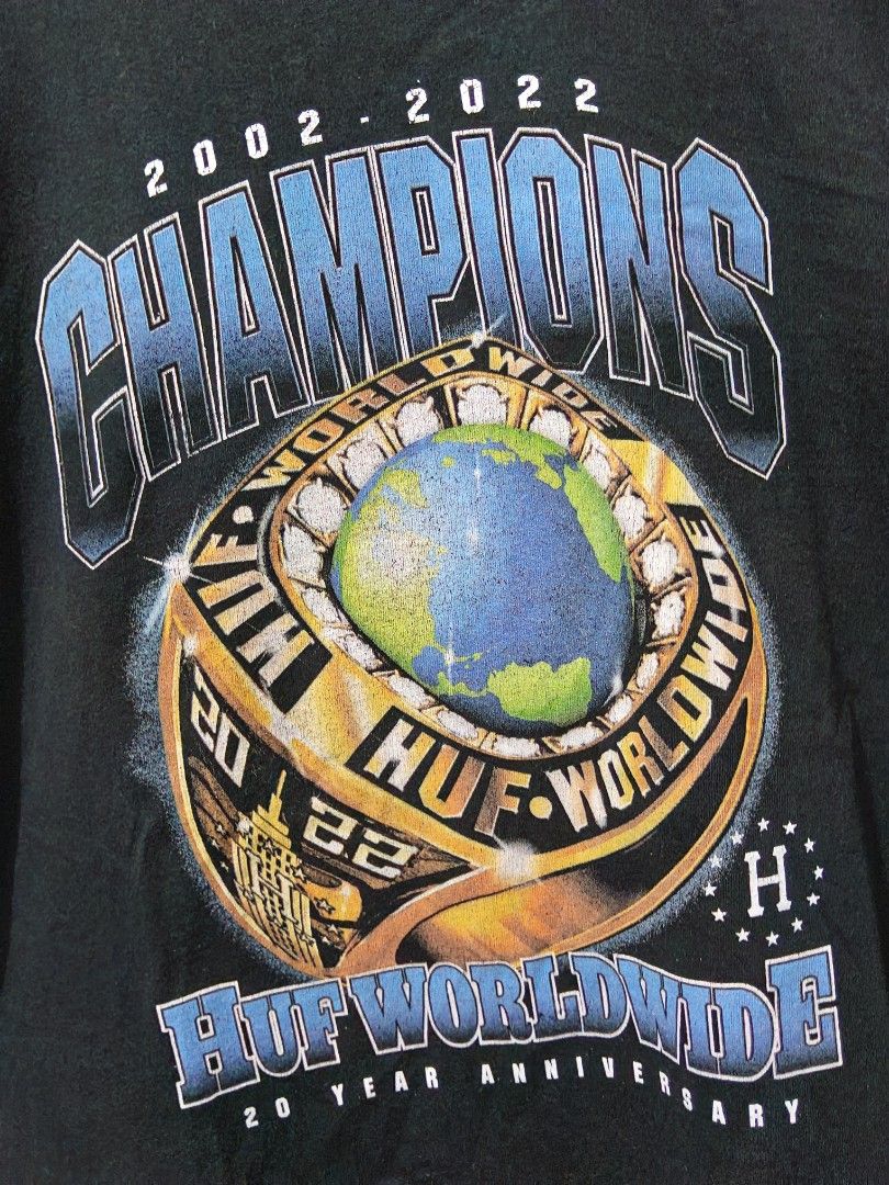 HUF (Champions 20th Anniversary) (Category: Tshirts & Polo Shirts ) located in Taguig. Submitted by thriftedminds (Listing ID 1468056379, Image 2). Description: Item: HUF Champions 20th Anniversary 🔥 ‎Size: HUF Hardtag (L) ‎Width: 21.5 ‎Length: 30 ‎Condition: Excellent ‎Issue: Repaired slice on back, Hairline DM to purchase 📩.