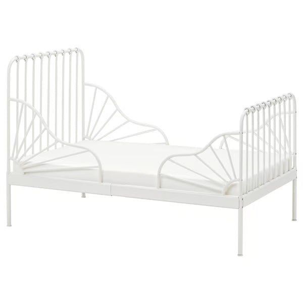 IKEA Minnen Extendable Bed (Category: Bed Frames & Mattresses) located in Quezon City. Submitted by carla70424 (Listing ID 1467884854, Image 1). Description: - Color & Material: White steel frame with solid wooden slats - Growth-Friendly: Extendable design pulls out to different lengths as kids grow - Space Saver: Ideal for smaller bedrooms - Design: Classic spindle headboard with curved side rails Issues: One missing screw (check last photo) RFS