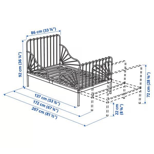 IKEA Minnen Extendable Bed (Category: Bed Frames & Mattresses) located in Quezon City. Submitted by carla70424 (Listing ID 1467884854, Image 2). Description: - Color & Material: White steel frame with solid wooden slats - Growth-Friendly: Extendable design pulls out to different lengths as kids grow - Space Saver: Ideal for smaller bedrooms - Design: Classic spindle headboard with curved side rails Issues: One missing screw (check last photo) RFS