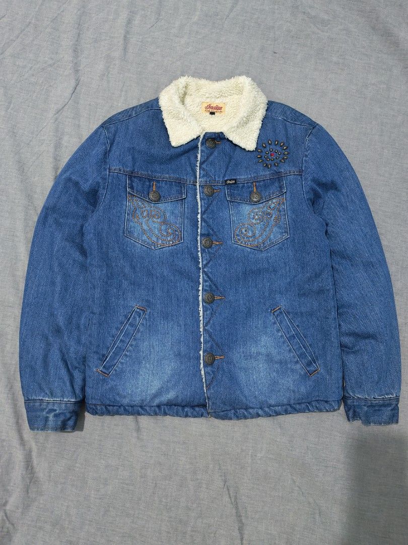 Indian motorcycle sherpa denim jacket (Category: Coats, Jackets and Outerwear) located in Baguio. Submitted by used_clothing2600 (Listing ID 1467938342, Image 1). Description: Indian motorcycle sherpa denim jacket size medium verygood condition width 21 length 27 shoulders 19 sleeve length 26 P 1,980.