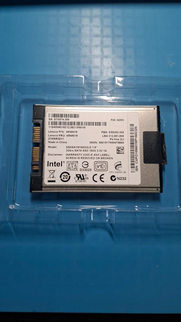 Intel SSD 160GB 1.8" SATA SSD (Category: Hard Disks & Thumbdrives) located in Manila. Submitted by anuseyo (Listing ID 1467898240, Image 2). Description: - Brand: Intel 160GB SSD (1.8-inch format) - Model: SSDSA1M160G2LE - Lenovo Part/FRU: 45N8018 / 45N8019 - Interface: Standard 3Gb/s SATA - Condition: Pulled from a working Lenovo laptop setup, tested and works great - Compatibility: Ideal for older compatible ThinkPad models or specialty enclosu