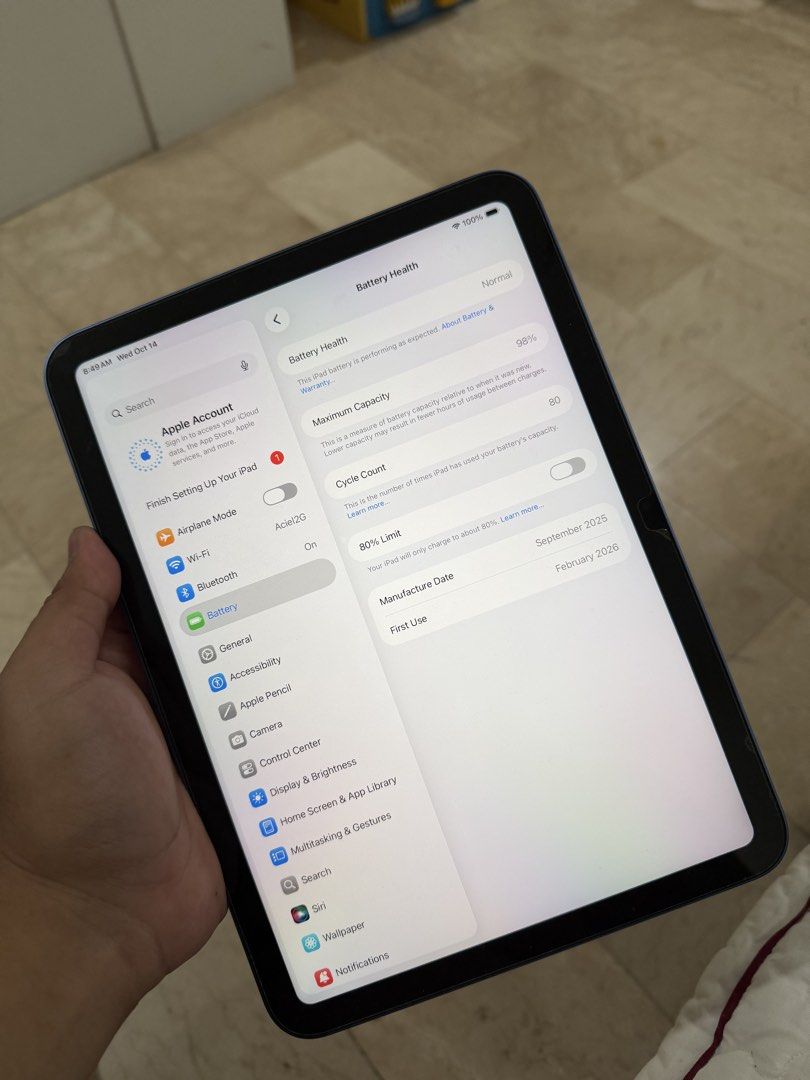 iPad A16 (Category: iPad) located in Manila. Submitted by harryelizondo (Listing ID 1468013504, Image 2). Description: For Sale only iPad A16 Blue 128gb 98% battery health 80 cycle count Unit only Nego for sure buyer Meetup: San Juan / Manda.