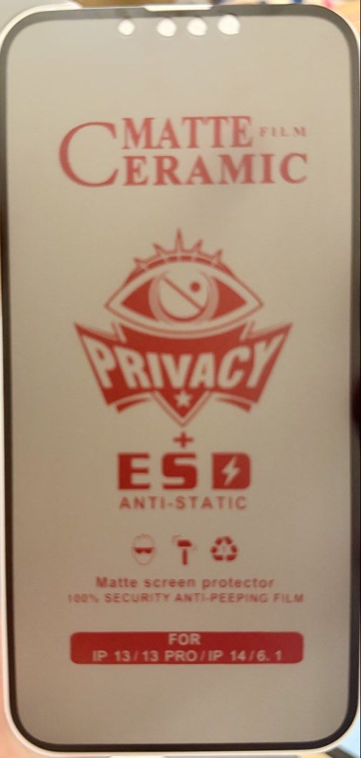 iphone 13, 13pro or 14 Screen Protectors and Camera Len Shield (Category: iPhone 13 Series) located in Quezon City. Submitted by gilliesshoppe (Listing ID 1467896520, Image 1). Description: Compatible with iPhone 13, 13 Pro, and 14 series Features matte ceramic privacy film and 9H premium tempered glass Includes camera lens shield for complete protection Anti-peeping, anti-static, and explosion-proof design Scratch-resistant and anti-fingerprint 