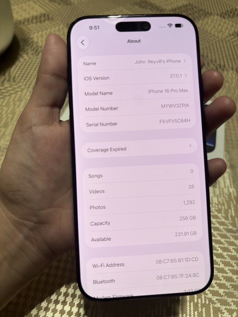 iphone 16 pro max 256 gb (Category: iPhone 16 Series) located in Alaminos. Submitted by sierab. (Listing ID 1467850274, Image 2). Description: 256 gb 92% batt health 516 cc w case cord and box same imei w minor paint chips camera control adjustments works perfectly .