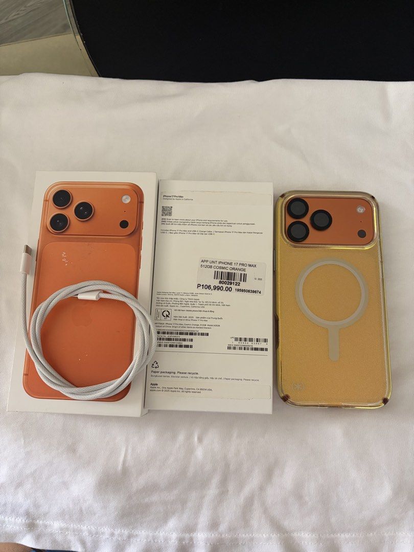 IPhone 17 Pro Max Cosmic Orange (Category: Early Generation Mobile Phones) located in Manila. Submitted by jbieee (Listing ID 1467943085, Image 1). Description: Openline All working 512Gb 91%Battery Health Negotiable.