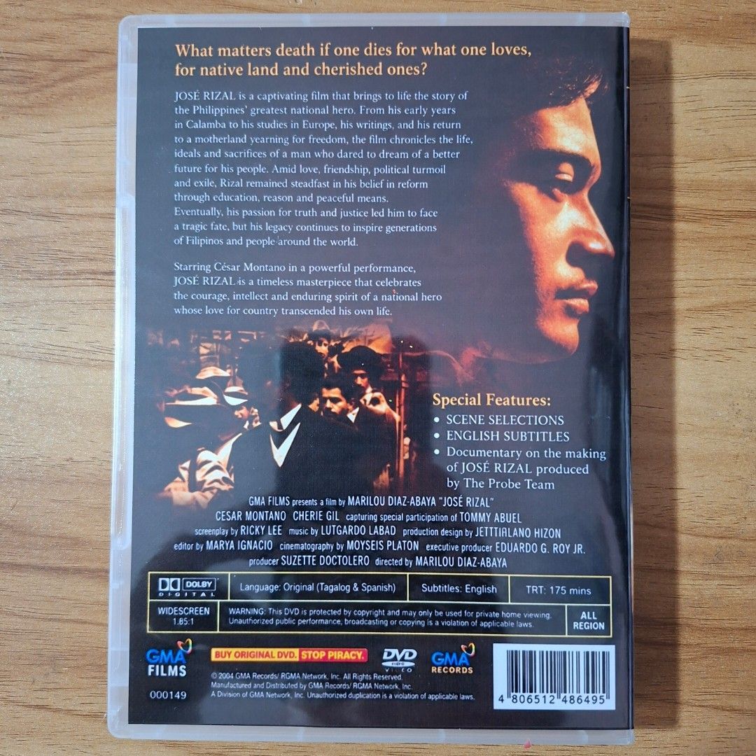 José Rizal (Custom DVD) (Category: CDs & DVDs) located in Kabankalan. Submitted by Videoshop.ph (Listing ID 1467890683, Image 2). Description: - Directed by Marilou Diaz-Abaya, starring Cesar Montano - Region free disc (plays globally) - Runtime: 175 minutes with English subtitles Brandnew Case and disc Note: This is a custom made dvd in best quality. Message us if you have title request..