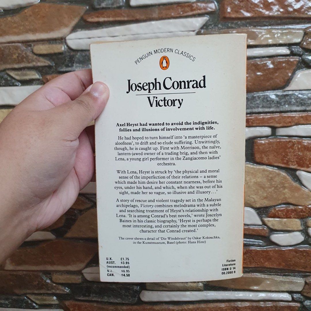Joseph Conrad Victory Penguin Modern Classics Paperback (Category: Storybooks) located in San Pedro. Submitted by rainyydayy (Listing ID 1467934464, Image 2). Description: - Title: Victory by Joseph Conrad - Edition: Penguin Modern Classics Paperback - Cover Art: Oskar Kokoschka - ISBN: 0140020608 - Condition: Pages show some natural yellowing from age - Perfect for: Fans of classic fiction and literature collectors.