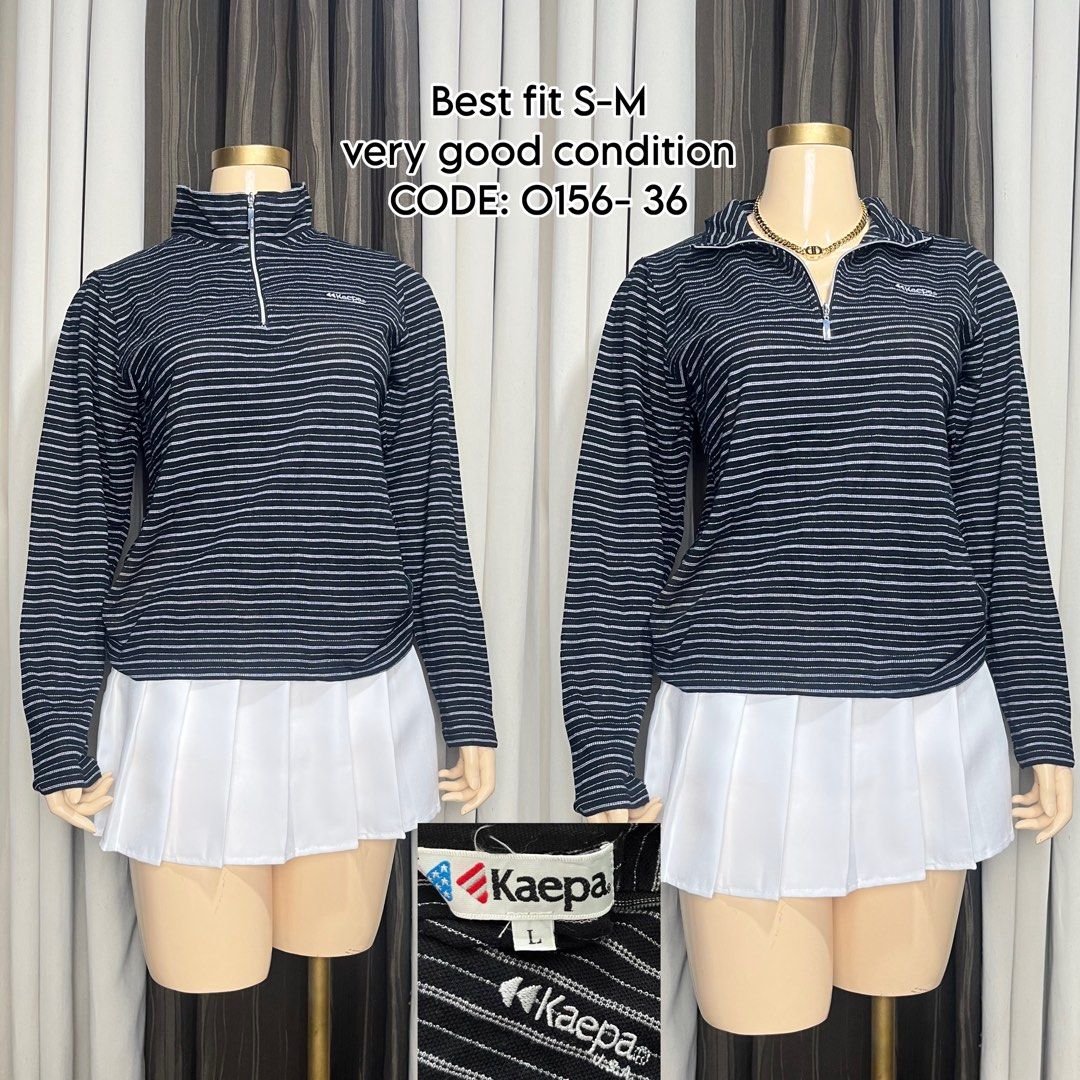 Kaepa Striped Quarter Zip Pullover Sweatshirt Size L (Category: Longsleeves) located in Naga. Submitted by rmapprl (Listing ID 1467944444, Image 1). Description: - Brand: Kaepa - Style: Quarter-zip pullover / mock turtleneck - Color: Dark navy blue with thin white horizontal stripes - Details: Long sleeves, small embroidered chest logo, versatile collar (can be zipped up or folded down) - Size: Tagged L, fits S to M comfortably - Condition: Very 